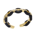 Detail of gold chain link ring with black enamel oval inlay and sparkling zircon pavé - Adjustable Open / Black