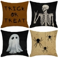 Set of 4 Halloween linen pillow covers with spooky skeleton, ghost, and spider motifs - Halloween Series 4-Piece Set-13