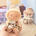 Labubu plush doll wearing leopard print overalls and yellow bunny hat accessory - Cherry Leopard Two-piece Set / First And Second Generation Keychains Are Compatible With La Cloth Dolls. Dolls Not Included.