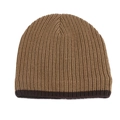 Close-up of ribbed knit texture on khaki and brown striped winter beanie hat - One Size / Khaki