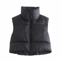 Women's black puffer vest with stand collar, zipper closure and drawstring hem - S / Black