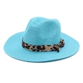 Detail of sky blue straw sun hat with leopard print ribbon and bow on white background - M (56-58cm) / Lake Blue