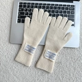 Dettaglio dei guanti in maglia di lana bianco crema con etichetta testuale vintage - Taglia unica / Bianco Sporco