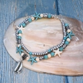 Double-layered beach anklet with turquoise beads and silver starfish pendant - Shell