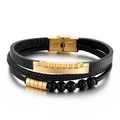 Bracciale multistrato da uomo in pelle nera intrecciata con perline e chiusura in acciaio dorato - Stile A (KB147789-KLHQ) / Oro
