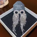 Exquisite S925 silver long zircon tassel earrings in a premium black and white gift box - E0363 Silver Needle (Full Diamond Geometric Circle Tassel Silver)