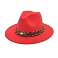 Red wool fedora hat detail featuring woven leather band and vintage turquoise metal buckle - M (56-58cm) / Red