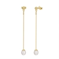 Elegant S925 sterling silver drop earrings with long gold chains and white pearls - GPE21 Box Chain Long Pearl Drop Earrings / Gold