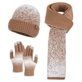 Set invernale in maglia cammello e bianco con motivo a fiocchi e guanti touch screen - Cachi