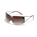 Frameless brown gradient oversized sunglasses with gunmetal frame and side rhinestone accents - Coffee