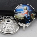 Detailed view of a silver religious pendant with Jesus prayer icon on black leather - Silver-7 (Jesus Praying)