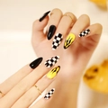 Halloween 3D press-on nails with spider bat patterns and black flame checkers design - JP1250