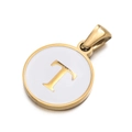 Golden round T alphabet pendant with white enamel background and polished finish - Letter T