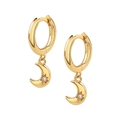 Polished gold crescent moon hoop earrings with zircon star detail on white background - Gold Star Moon