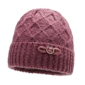 Dusty pink knit hat for elderly women with fleece lining and diamond bow accent - Pink