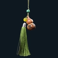 Carved sandalwood gourd pendant with green tassels and elegant oriental bead accents - Approx. 3.5x2cm / Pearwood Gourd Style - No Aroma Pill