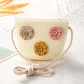 Cute cream straw bucket bag for girls with floral accents and cotton rope strap - Button 3 Flowers / Cream
