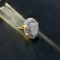 Macro shot of vintage gold ring with baroque pearl and colorful rhinestones detail - Rectangular Baroque Pearl Ring (K-0854)