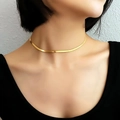 Detailed view of a sleek gold flat snake chain necklace worn on a model neck - Gold Necklace