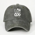 Washed dark grey baseball cap featuring I Am A Child Of God print and vintage dad hat style - Army Green