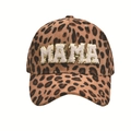 Detail of leopard print baseball cap featuring white fuzzy MAMA patch with gold glitter edge - Brown Leopard Corduroy Cap