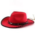 Detail of red western cowboy hat with silver bull skull metal piece and leather fringe - M (56-58cm) / Red With Black Trim