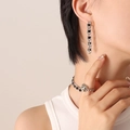 Silver chain jewelry set with black square gemstones and speckled pendant details - F640-Silver Color Black Zirconia Earrings