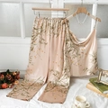 Pink faux silk pajama set with leaf and fruit prints, V-neck top and wide-leg trousers - S / Champagne Cherry