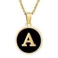18K gold plated stainless steel necklace with black shell round letter A pendant - Black Enamel Letter A