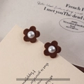 Deep brown flocked floral earrings with white pearls for elegant retro style - Flocked Plum Pearl Stud Earrings / Khaki