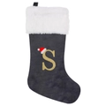 Close-up of grey velvet Christmas stocking with white faux fur and golden glitter letter S - Letter S