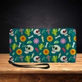 Halloween skull print leather long wallet with wrist strap on a rustic wood surface - Dark Cyan Altar Print (QB-010)