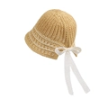 Cappello a secchiello in maglia beige con trama traforata traspirante e fiocco in pizzo - Cachi