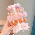 Lot de barrettes pour enfants avec nœuds roses et oranges et fleurs en tulle sur carte - Set de 10 pièces Grille orange 343#