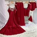 5-teiliges rotes Seidensatin-Pyjama-Set mit Spitzen-V-Ausschnitt, Hose, Shorts und Beutel - S / Rot