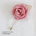 Pink burnt-edge rose boutonniere with golden leaves and pearls for weddings - Pink (With Pearl Chain)