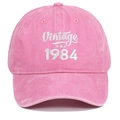 Detail of Vintage 1984 white embroidery on pink washed cotton baseball cap with star motifs - Adjustable / Pink