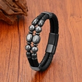 Detail of men's double-row braided leather bracelet with tiger eye beads and magnetic clasp - Grey Metal Beads