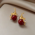 Orecchini a forma di zucca dorati con perla rossa e zircone bianco a cuore - Perno in Argento-Oro-Rosso (Placcatura in Oro Vero)