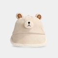 Beige baby corduroy bucket hat with cute 3D bear ears and soft white faux fur trim - 50cm (1-3 Years) / Bear Nose Style / Beige