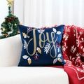 Navy velvet Christmas pillow cover with golden Joy embroidery and festive leaf patterns - Navy Blue JOY Embroidery/Navy Blue
