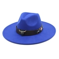 Blue fedora hat with a vintage bull head metal buckle and floral embroidery detail - M (56-58cm) / Sapphire Blue
