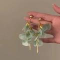 Elegante lange Fransenohrringe mit hellgrünen Netzblütenblättern und goldenen Blattanhängern - Minzgrün (Goldener Stift)