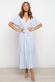Vestido midi bohemio azul claro con cuello en V, mangas de volante y lazo en cintura - Azul cielo