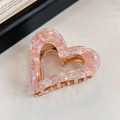 Pink marble-textured heart hair claw clip with golden metal spring for women - Pink Heart Claw