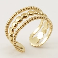 Anillo ajustable de tres capas en acero dorado con bordes de cuentas y detalles disco - Estilo Abierto de Múltiples Capas de Cuentas / Dorado