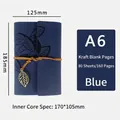 Blue A6 leather journal with leaf embossing, string tie closure and metal leaf pendant - A6 / Dark Blue
