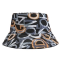 Detail of street style bucket hat featuring abstract graffiti letter prints on black canvas - Style 7-Orange Graffiti Letters
