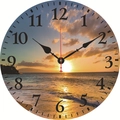 Silent vintage wooden wall clock featuring a colorful sunset beach scenery with Arabic numerals - Sunset Beach Scenery