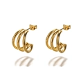 Detail view of gold-tone triple hoop earrings with a polished parallel C-shape curve - Gold Triple Layer Curved Studs